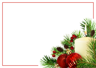 Christmas corner composition with pine twigs, candle and red balls with red frame isolated on white or transparent background