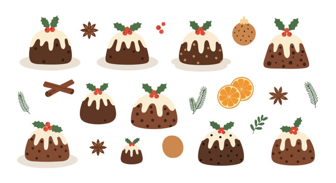 Christmas Pudding Big Set Vector Illustration Holly Orange Cinnamon Spice Food Decor