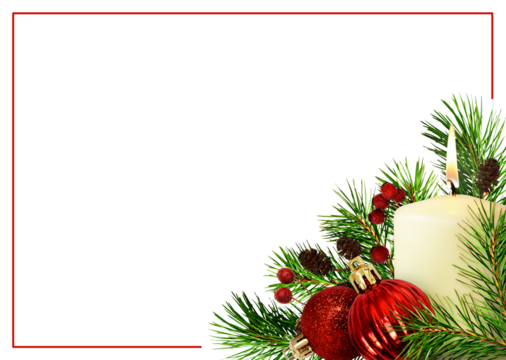 Christmas corner composition with pine twigs, candle and red balls with red frame isolated on white or transparent background