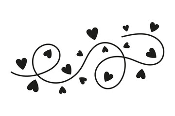 Curved line and hearts. Black outline linear silhouette. Editable strokes. Front view. Vector simple flat graphic illustration. Isolated object on a white background. Isolate.