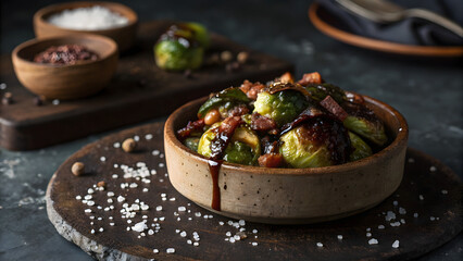 Roasted brussels sprouts with bacon and balsamic glaze, served in a rustic bowl on a wooden board, sprinkled with sea salt and chickpeas, a gourmet delight