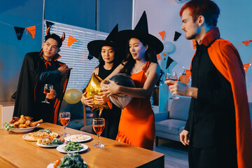 Joyful office Halloween party with coworkers in costumes, celebrating with drinks and laughter, fostering teamwork and festive spirit