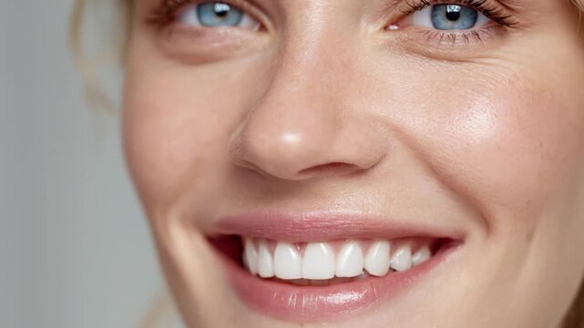 A captivating close-up portrait of a smiling person, highlighting expressive blue eyes and a radiant, healthy grin with perfectly white teeth. The image exudes joy, well-being, and natural beauty. Det