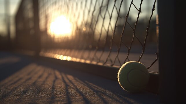 Sunset over tennis court with tennis ball on ground near net - Powered by Adobe