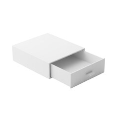 Blank white sliding drawer box partially open on transparent background