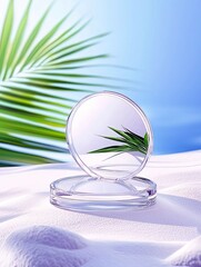 A clear glass petri dish sits on a bed of soft white sand, reflecting a green palm leaf against a bright blue sky.
