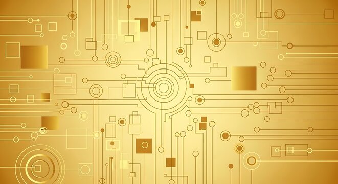 Golden technology background with circuit board style lines and geometric shapes