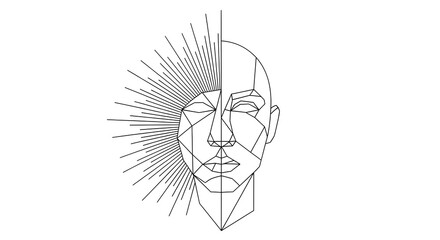 Captivating geometric abstract portrait with radiating lines symbolizing thought and creativity, perfect for modern design concepts and artistic expression.