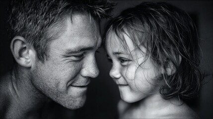 A father and his young daughter look at each other with loving smiles, their foreheads touching in a close-up black and white portrait.