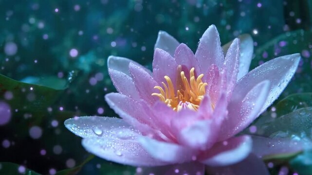 A captivating close-up reveals a delicate pink water lily, its graceful petals adorned with glistening water droplets under a soft, diffused light. The vibrant yellow center provides a striking contra