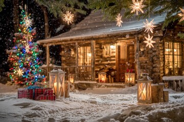 Fototapeta premium Illuminated lanterns and wrapped presents rest in freshly fallen snow outside a cozy log cabin during a winter night.