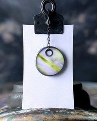 A blank white paper is held by a metal clip, with a circular pendant hanging from a chain attached to the clip.