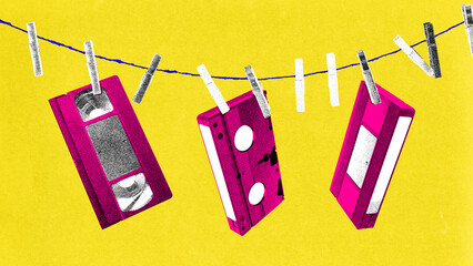 Collage art with hanging VHS tapes on string with playful nostalgic mood in retro film grain look. Concept of editorial pop-culture content, nostalgic ads, creative design layout, social media visuals