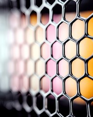 A macro shot of a honeycomb structure with a gradient of soft pink, peach, and orange colors visible through the hexagonal openings.