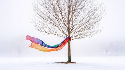 冬にリンゴの木に巻かれた虹色のスカーフ