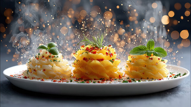 Luxurious Still Life of Three Elegant Pasta Stack on a Plate. Ai Generated Images - Powered by Adobe