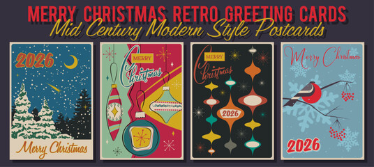 Merry Christmas Retro Greeting Cards. Mid Century Modern Style 1950s - 1960s Style Postcards, Merry Christmas Illustrations, Vintage Colors