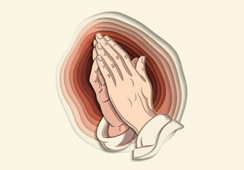 Paper Cut Illustration of Praying Hands with Layered Background.