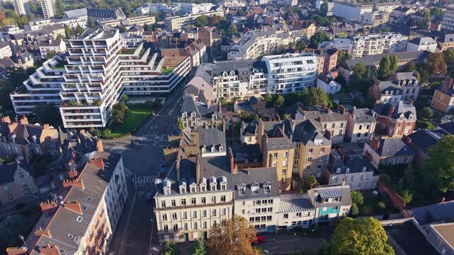 Aerial of Rennes Saint-Anne and Thabor neighborhood, surrounding park, establishing overview of urban metropolis