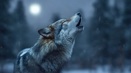 Dramatic Close up Howling Wolf Portrait in Misty Snowy Winter Night. Ai Generated Images