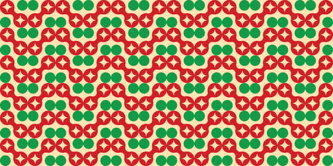 Retro Seamless Interlocking Chain Pattern in Traditional Christmas Colors of Red and Green on a Cream Background for Holiday Fabric and Wallpaper