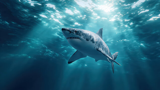 Dramatic Underwater Great White Shark Creature Swimming in Ocean. Ai Generated Images