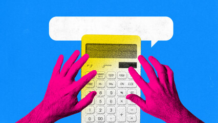 Trendy collage. Bright calculator with energetic hands in retro photocopy style. Concept of finance graphics, budgeting content, business communication, editorial materials, creative marketing.