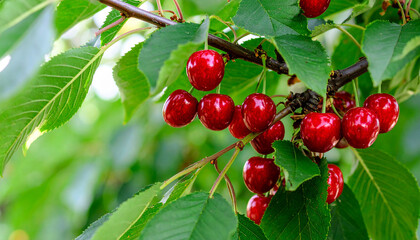 Fototapeta premium Red cherries on tree branches,AI.