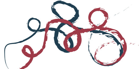 An abstract, raw, energetic composition of multiple intertwining, continuous, thick, brushstroke-like lines in distressed deep muted red and dark teal-blue, forming chaotic loops