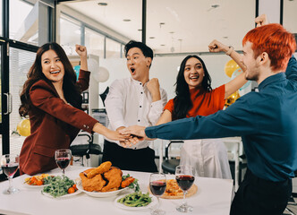 Diversity, dinner and group of people toast celebration together at party. Friends, happy and celebrate with food, wine and friendship for love, support and cheers champagne at business function