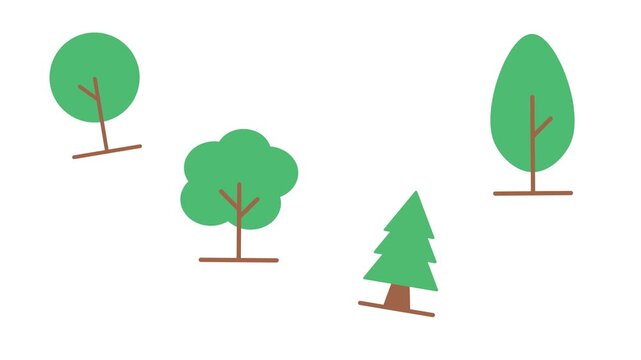 Collection of different tree shapes creating a clean, modern forest scene in flat nature-themed animation