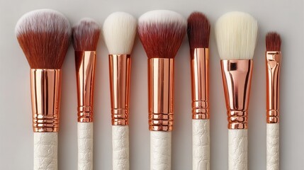Beauty routine tools arranged in a row, set of makeup brushes with rose gold accents laying flat against a white background, professional application