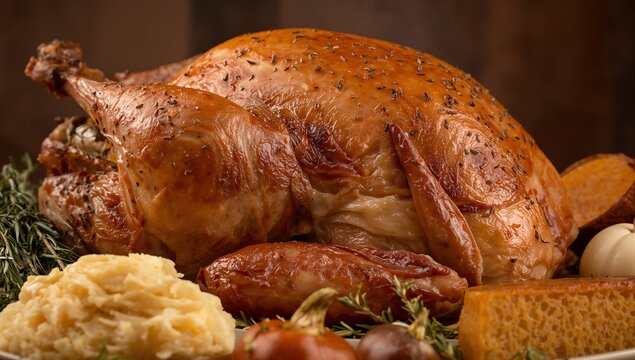 Close-Up of Traditional Thanksgiving Turkey and Side Dishes on Rustic Table	