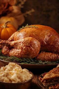 Close-Up of Traditional Thanksgiving Turkey and Side Dishes on Rustic Table	