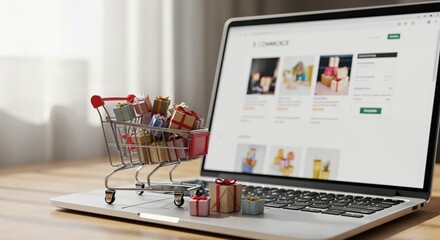 Online Shopping Cart with Colorful Gift Boxes for E-commerce Sales and Promotions