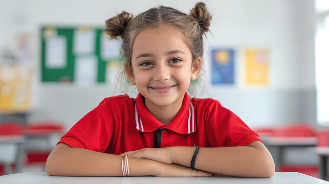 Cheerful Schoolgirl with Braided Buns Sitting at Desk in Classroom. Ai Generated Images