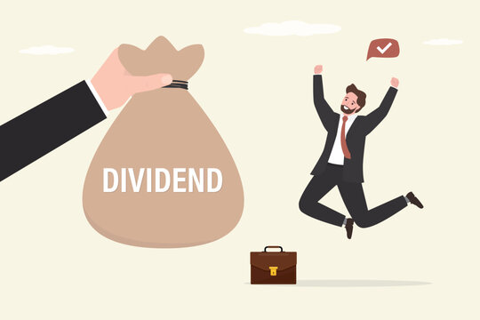 Getting dividend from investment. Happy businessman receives a bag of dividend money. GIant hand give money bag. Successful investment,  smart man with profit.