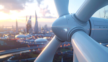 Wind Turbine and Cityscape: A modern wind turbine stands tall against a backdrop of a futuristic city skyline, symbolizing progress and innovation in the realm of sustainable energy.