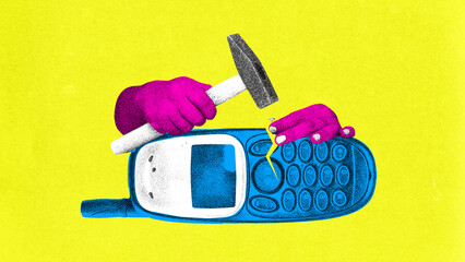 Surreal collage art. Retro mobile phone hammered by bold hands in photocopy pop style. Concept of tech frustration visuals, cybersecurity themes, marketing campaigns, editorial communication.