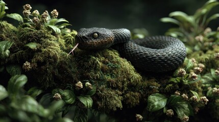 Coiled wagler's pit viper rests on mossy branch in tropical jungle, tongue out, close-up detailed view - high quality realistic design stock