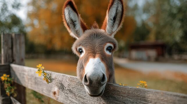 Eye Level Detailed Donkey Portrait Framed by Rustic Wooden Fence. Ai Generated Images