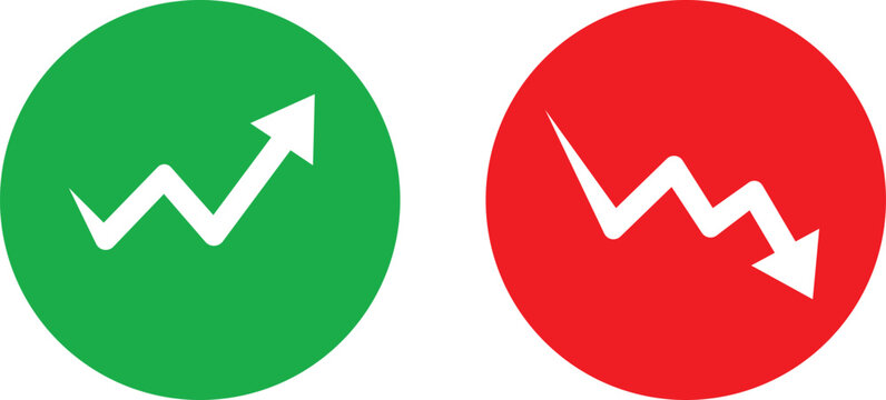 Green circle with upward trending graph red circle with downward trending graph chart