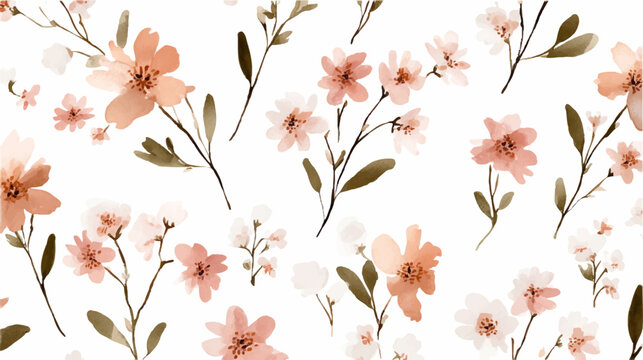 Watercolor floral pattern presenting a repeat design of delicate peach and light pink flowers with brown stems and leaves, ideal for spring digital papers, fabric prints, or romantic backgrounds
