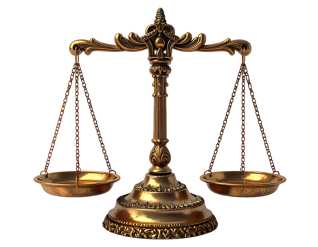 Ornate Golden Balance Scales Symbolizing Justice, Law, and Equality Isolated on a Clean White Background, Ideal for Legal and Ethical Concepts