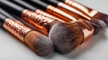 Beauty routine tools arranged in a row, set of makeup brushes with rose gold accents laying flat against a white background, professional application