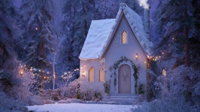 A charming, snow-covered cottage nestled deep within a frosty winter forest at dusk. The picturesque stone house features a snow-laden roof, warm glowing lattice windows, and an arched wooden door ado