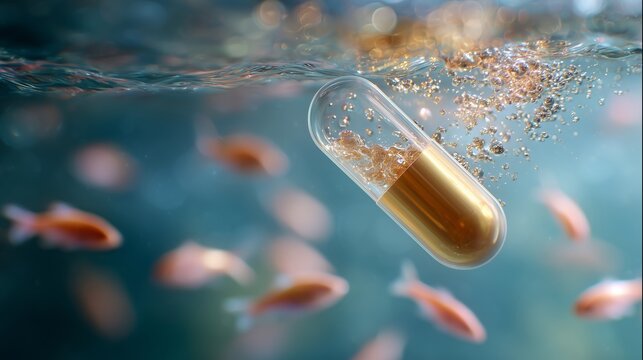 Capsules float in water among small fish in an underwater scene