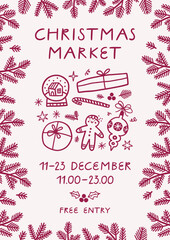 Christmas fair advertising poster template. Festive market flyer with gift boxes, gingerbread man, Christmas ball and fir tree branches.