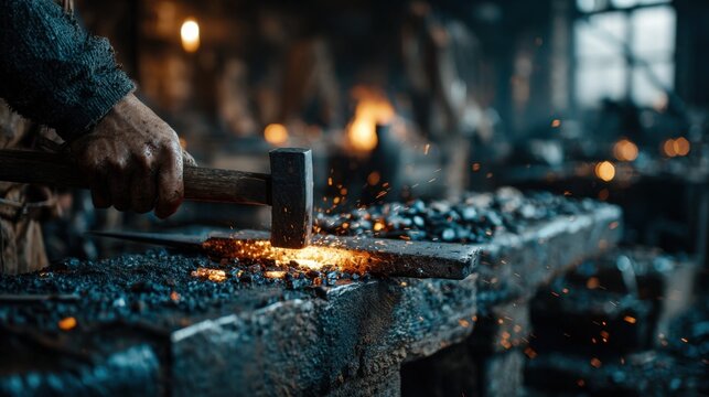 Fiery blacksmith shaping metal with hammer on anvil in dark workshop, sparks flying around during the day