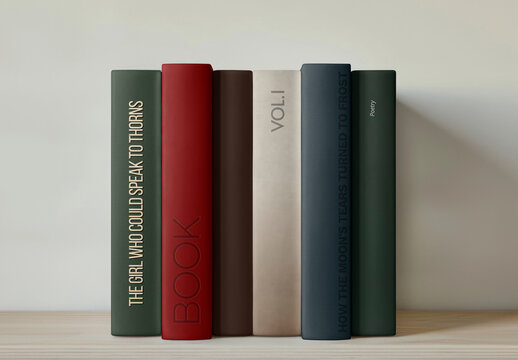 Colorful Books Mockup On Wooden Shelf PSD